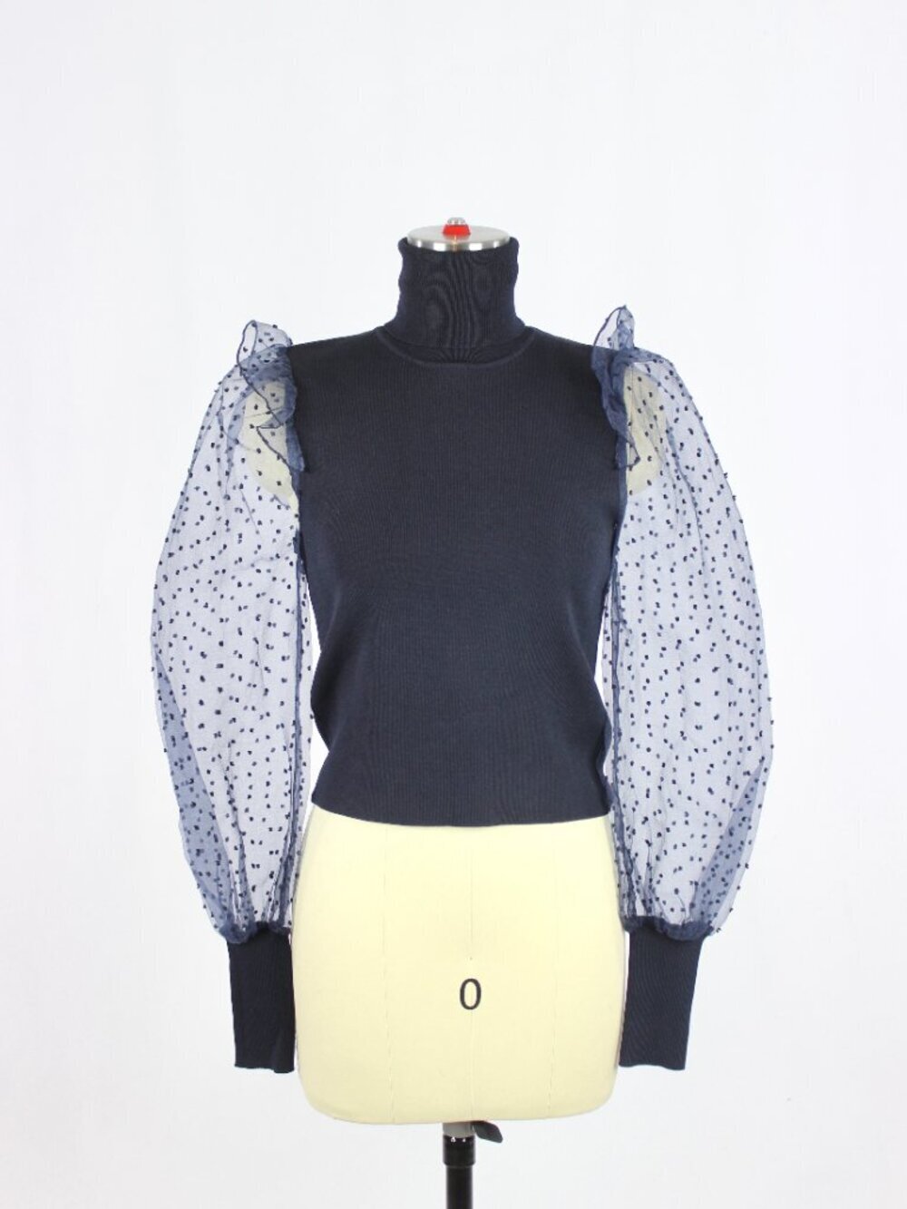NWT ZARA Navy Blue Ribbed Knit Flocked Dot Organza Puff Sleeve Top, Size S - Picture 1 of 16